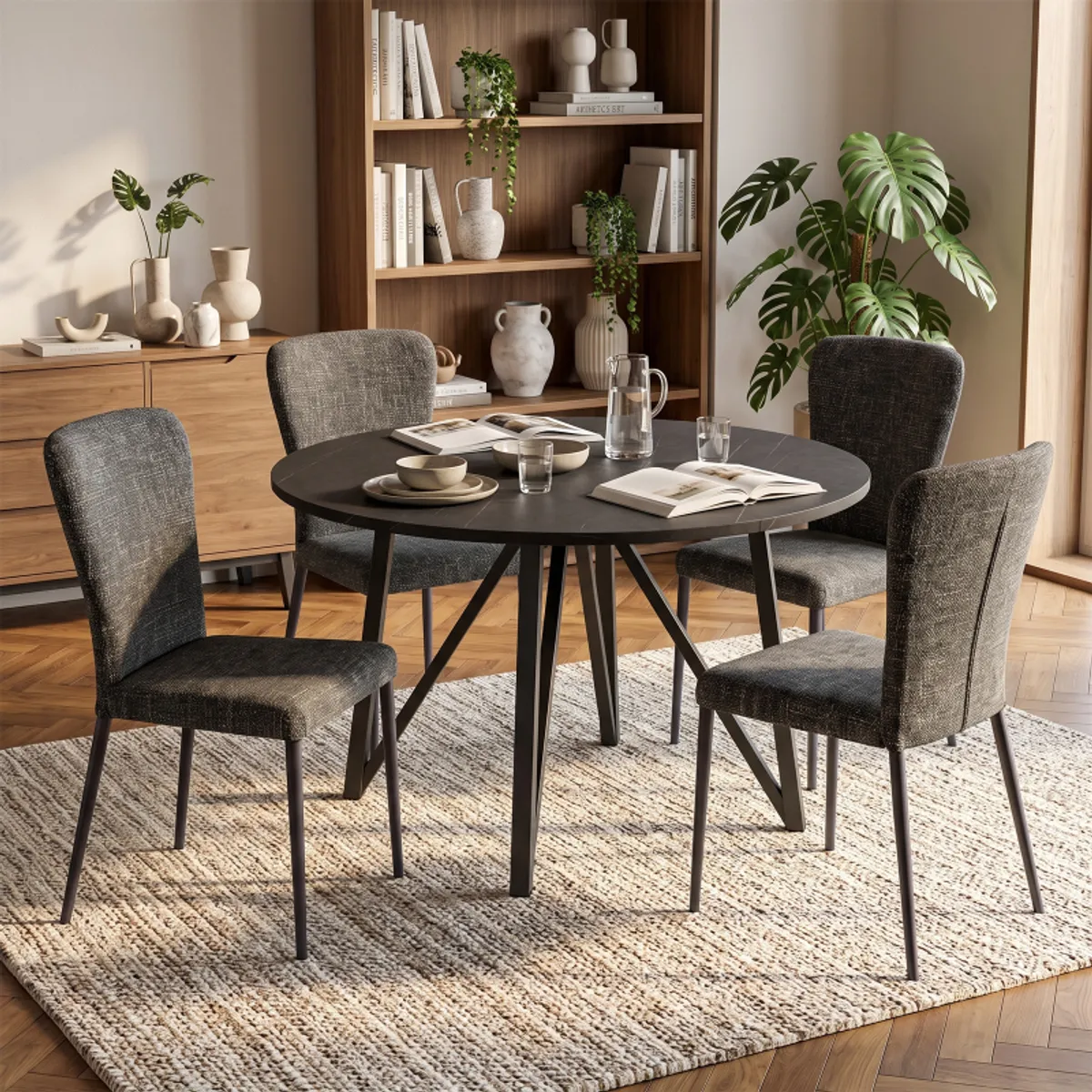 Clair de Lune - Table ronde extensible en stratifié imitation marbre avec pieds en métal anthracite