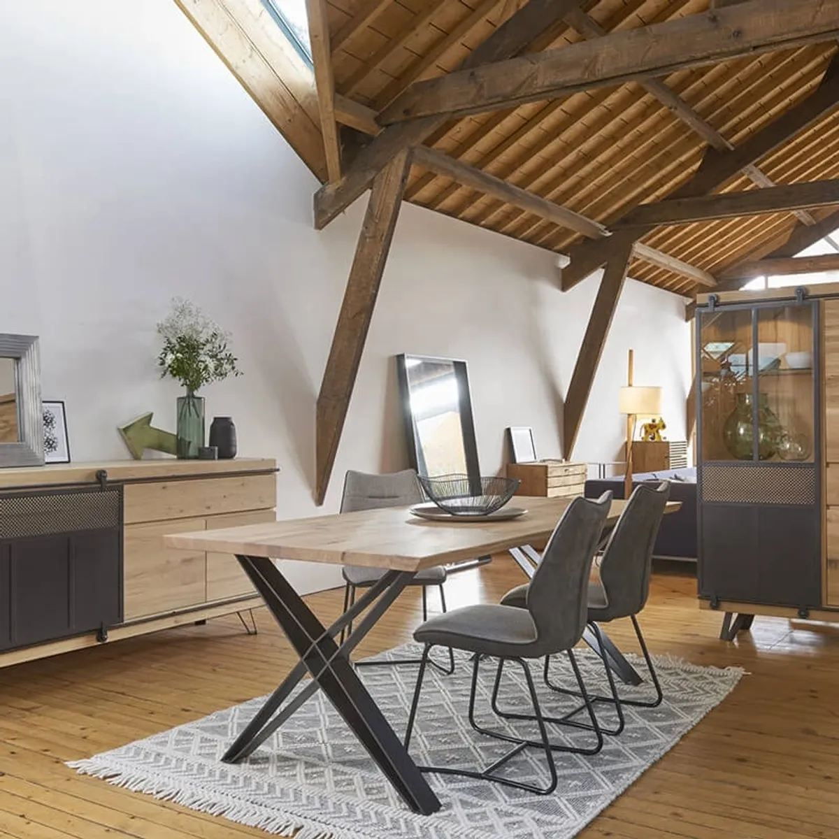 Fusion - Table design industriel extensible pieds en X