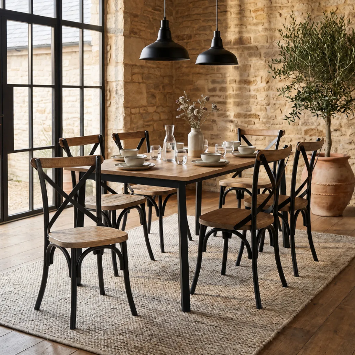 Bérénice - Table extensible en mélaminé chêne naturel avec pieds en métal noir