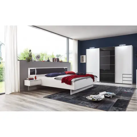 Chambre adulte contemporaine blanc/verre gris Bridget Blanc/gris ou chêne/graphite — Blanc