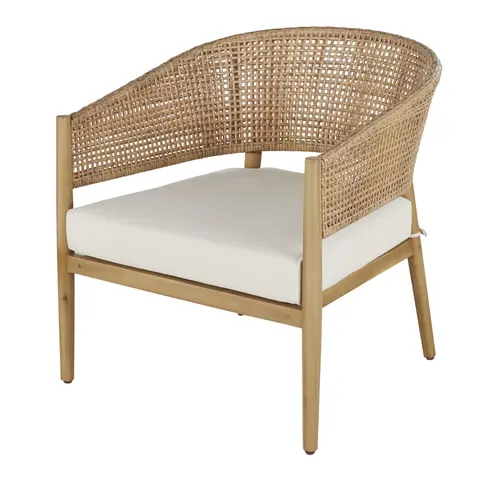 Fauteuil de jardin professionnel en résine tressée imitation rotin et coussin écru en toile recyclée