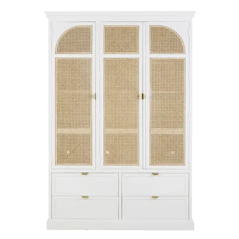 Armoire 3 portes battantes 4 tiroirs blanc et cannage en rotin L140