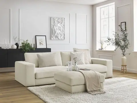 Canapé droit 3 places LEONARD velours côtelé avec pouf beige