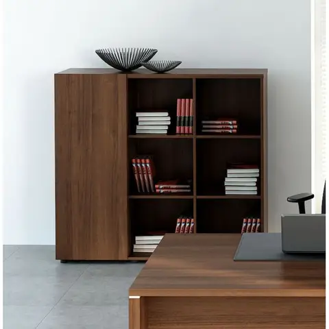 Bibliothèque de bureau moderne à porte coulissante coloris noyer Howard Noyer — Noyer