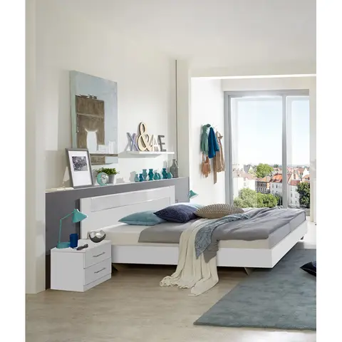 Ensemble lit et 2 chevets contemporain Palmira Blanc ou chêne poutre — Blanc ou chêne poutre