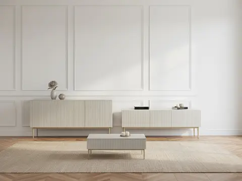 Ensemble KASHA avec meuble TV 200 cm + buffet 4 portes 200 cm + table basse pieds or beige