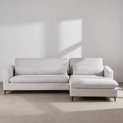 Canapé d'angle droit 4/5 places avec têtières relevables en tissu polyester tramé gris