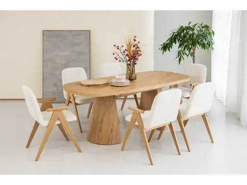 Table à manger extensible rectangulaire arrondie 200 à 300 cm MAZARGUES placage chêne massif marron clair