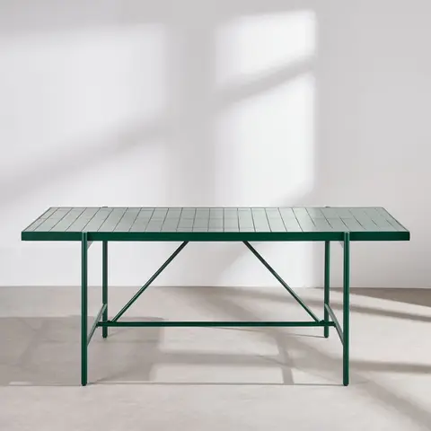 Table de jardin en acier et plateau carrelé imitation zellige vert, 6 personnes, L185 cm