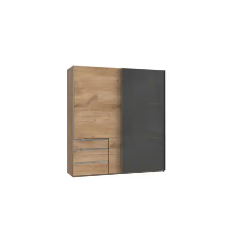 Armoire adulte contemporaine portes coulissantes 200 cm verre gris/chêne poutre Rotterdam I Verre gris/chêne poutre — Verre gris