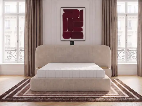 Ensemble avec lit coffre électrique AURAE avec chevets intégrés + matelas hybride beige