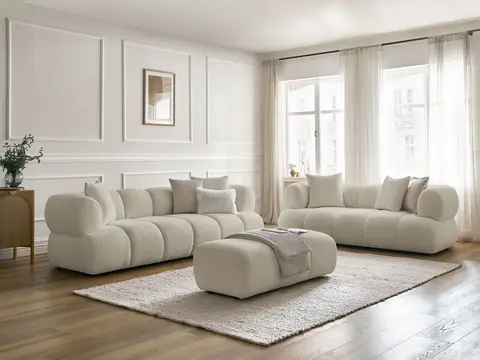 Ensemble canapé droit 3 + 2 places PAMIRA bouclette avec pouf beige