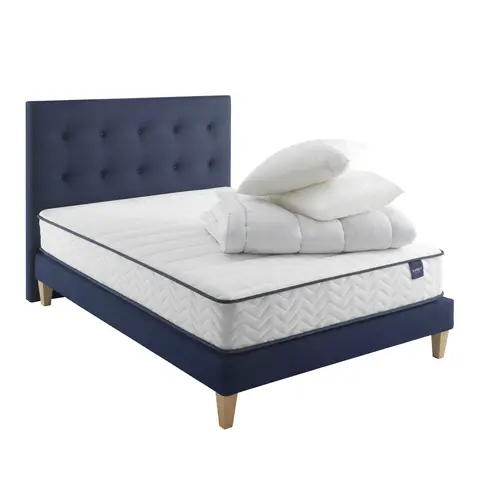 Ensemble matelas ressorts, sommier, pieds, tête de lit, couette et oreiller Rêve 300