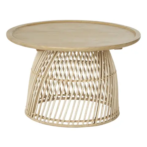 Table basse ronde en bois de manguier massif et rotin beige L70
