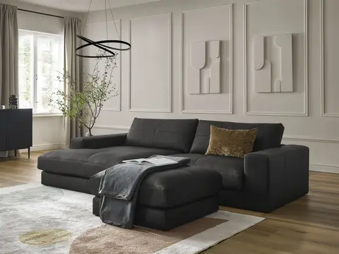 Canapé d'angle LEONARD cuir de vache avec pouf noir