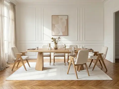 Ensemble MAZARGUES avec table à manger extensible 200 à 300 cm + 6 chaises PAGNOL placage chêne massif marron clair