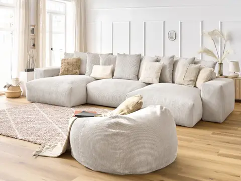 Canapé panoramique VOLTAIRE velours côtelé avec pouf beige