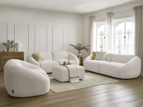 Ensemble canapé droit 3 + 2 places + fauteuil TINA bouclette avec pouf blanc