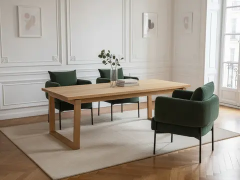 Ensemble MARIN avec table à manger 220 cm couleur chêne + 6 fauteuils GABIN velours côtelé vert