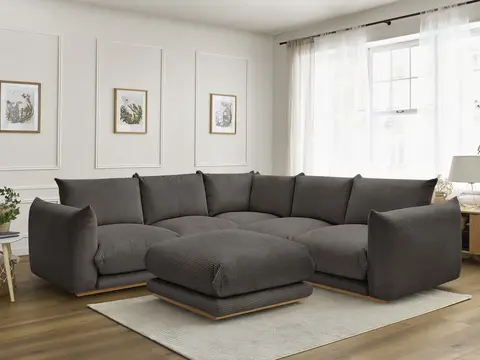 Canapé d'angle ERNEST velours côtelé avec pouf taupe