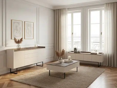 Ensemble LOUNA avec buffet 166 cm + meuble TV 166 cm + table basse beige et effet bois avec tasseaux et LED