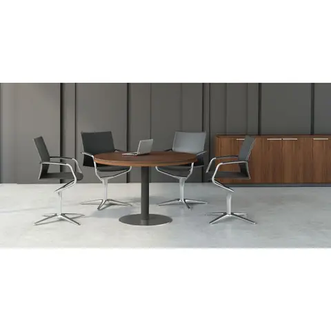 Table de réunion ronde coloris noyer piétement noir Kennedy Noyer — Noyer
