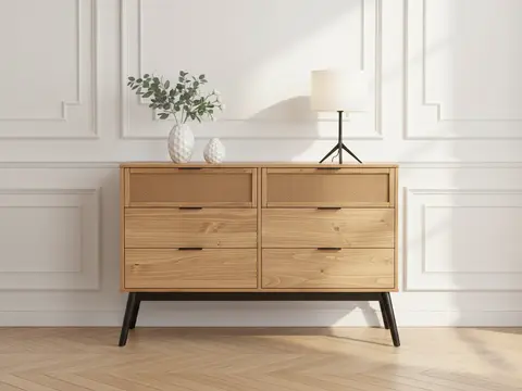 Commode 6 tiroirs 120cm ALBI bois massif et rotin