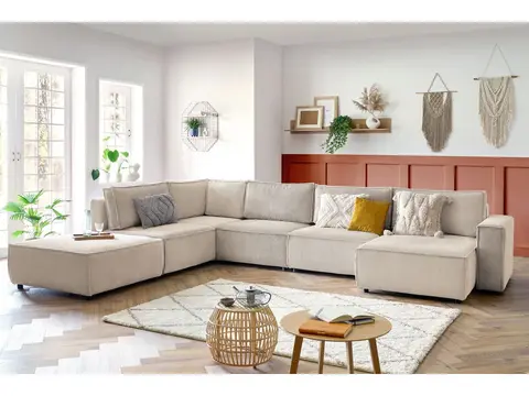 Canapé d'angle modulable XL NIHAD velours côtelé avec pouf beige