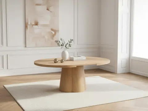 Table à manger ronde extensible 130 à 180 cm SUGITON placage chêne massif marron clair