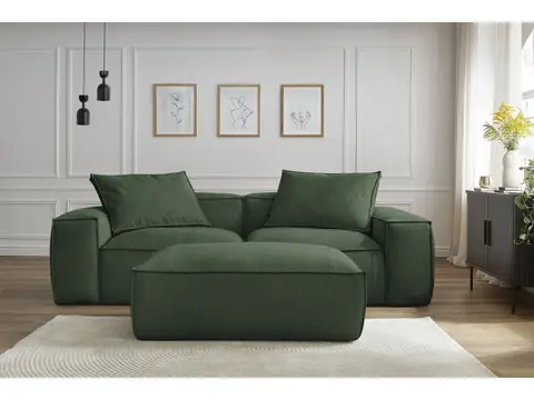 Canapé droit 3 places ultra moelleux BOHEME chiné avec pouf vert