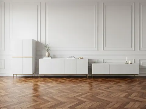 Ensemble KASHA avec Meuble TV 200 cm + Buffet 4 portes 200 cm + Buffet haut 2 portes 100 cm pieds or blanc