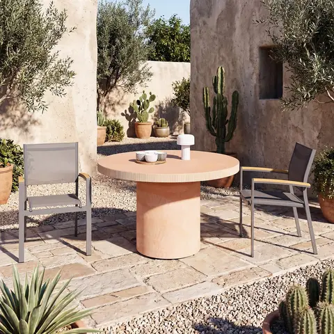 Table de jardin ronde en fibre de ciment gravé coloris argile orangé 4 personnes D120