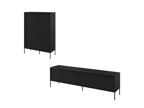 Ensemble LENARA avec buffet haut 100 cm + meuble TV 193 cm avec tasseaux et LED noir