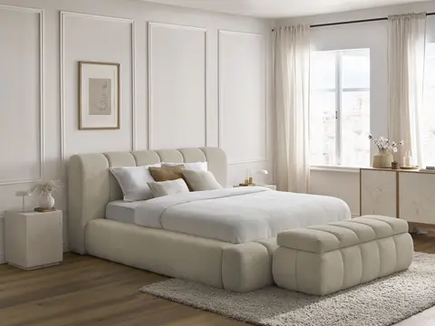 Lit coffre DENALI bouclette + Bout de lit DENALI beige 140x190 + bout de lit