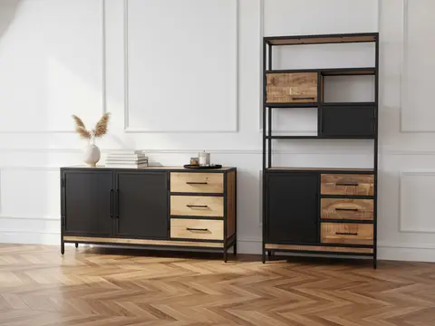 Ensemble BEAUBOURG avec Buffet 160 cm + Bibliothèque Bois de manguier