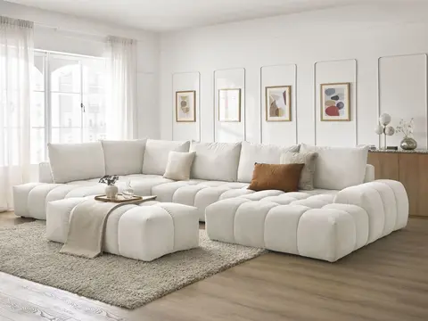 Canapé panoramique convertible coffre EVEREST texturé avec pouf blanc