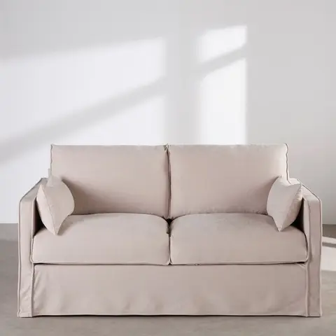 Canapé convertible 3 places déhoussable en tissu polyester tramé beige, matelas 14 cm