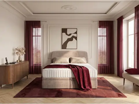 Ensemble avec lit coffre boxspring VELORA velours lisse + matelas hybride beige