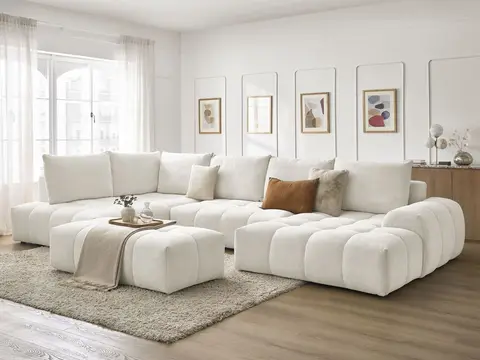 Canapé panoramique convertible coffre EVEREST chiné avec pouf blanc