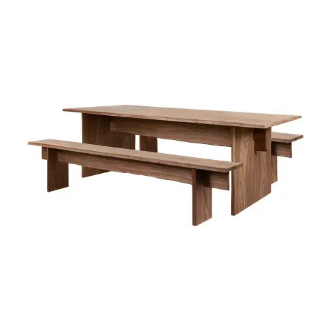 Table à manger Bookmatch avec bancs Noyer
