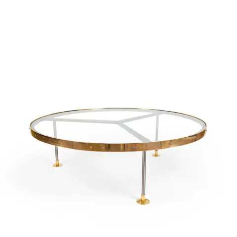 Table basse 14 verre, structure en acier laqué, plaque en laiton