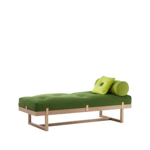 Lit banquette Stay tissu vert, cadre en chêne huilé blanc