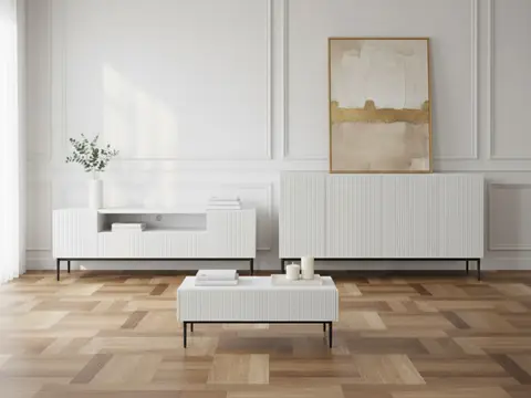 Ensemble KASHA avec meuble TV 200 cm avec niche + buffet 4 portes 200 cm + table basse pieds noirs blanc