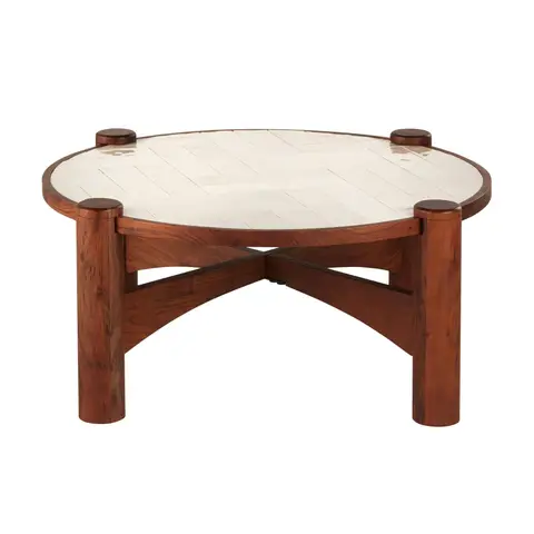 Table basse ronde en bois d'acacia et céramique écrue effet zellige D100