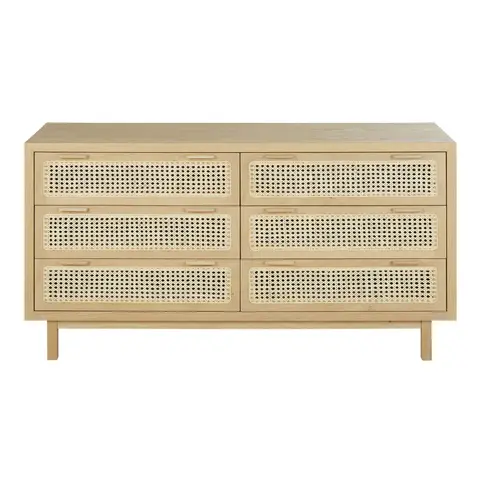 Commode double en placage chêne et cannage en rotin, L150 cm