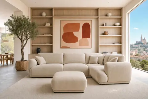 Canapé d'angle Duo Rosalie L - Petit Velours Côtelé Beige Angle droit 285 cm x 102 cm x 83 cm