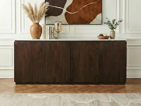 Buffet 4 portes 200 cm BARBARA bois massif de manguier et marbre