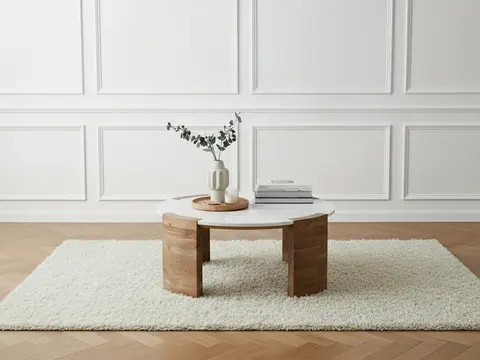 Table basse ronde D.85 cm TORVI plateau marbre et pieds bois massif d'acacia