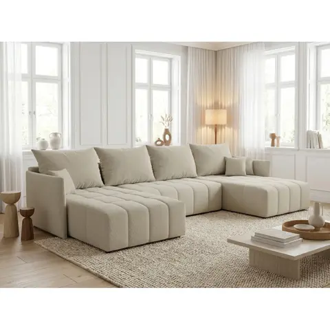 Canapé panoramique convertible réversible coffre en tissu Louka — Beige