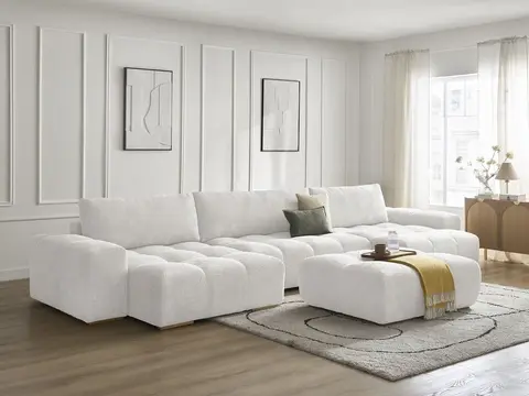 Canapé panoramique convertible coffre ANAKIN bouclette avec pouf blanc